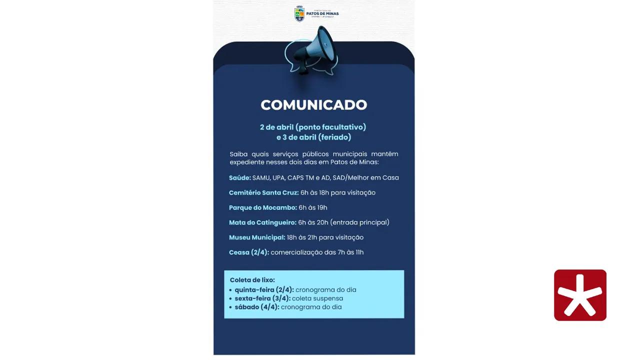 Prefeitura de Patos de Minas divulga funcionamento dos serviços públicos no feriado de abril